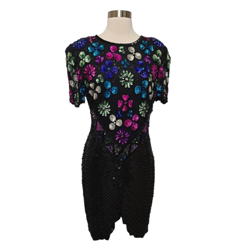 Vintage 90s Fully Sequin Dress Womens Size Medium Black Formal Party Sweelo - Picture 1 of 10